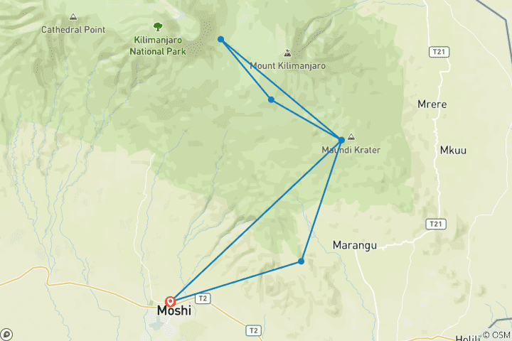 Map of Mt. Kilimanjaro 6 Days to Uhuru - Marangu Trail