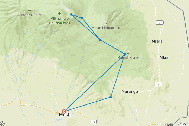 Map of 5 Days to Kilimanjaro Summit - Marangu Short & Sweet Ascent