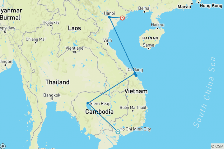 Map of Vietnam Cambodia Tour to Saigon, Angkor Wat, Hoi An, Hanoi and Halong Bay - 13 Days