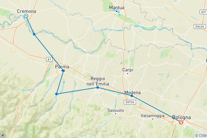 Carte du circuit Les délices culinaires de l'Émilie- Romagne