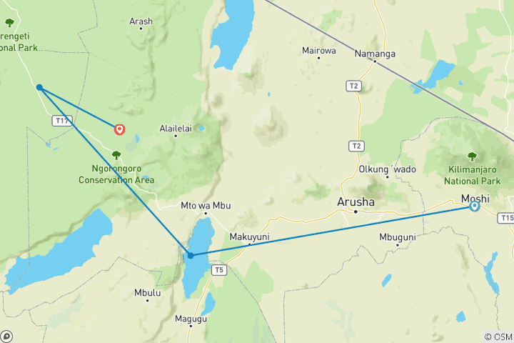 Map of Lake manyara, Serengeti and Ngorongoro conservation area