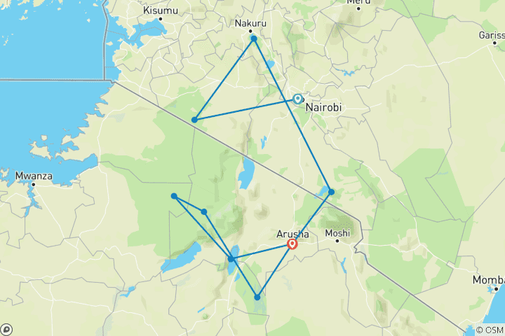 Map of 12 Days  Tanzania And Kenya  Budget Group Camping  Safari