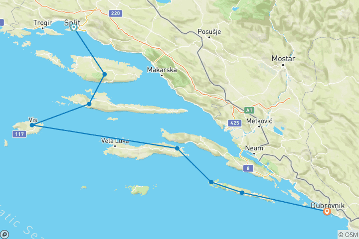 Map of Med Sailing in Croatia (from Split to Dubrovnik)