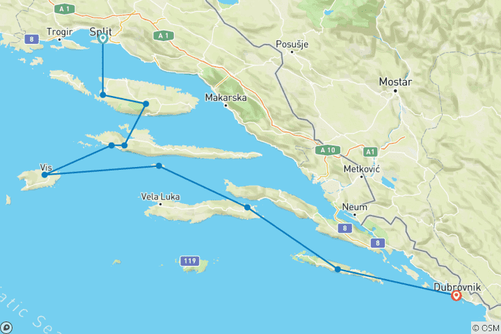 Carte du circuit Pride Sailing in Croatia - de Split à Dubrovnik - 8 jours