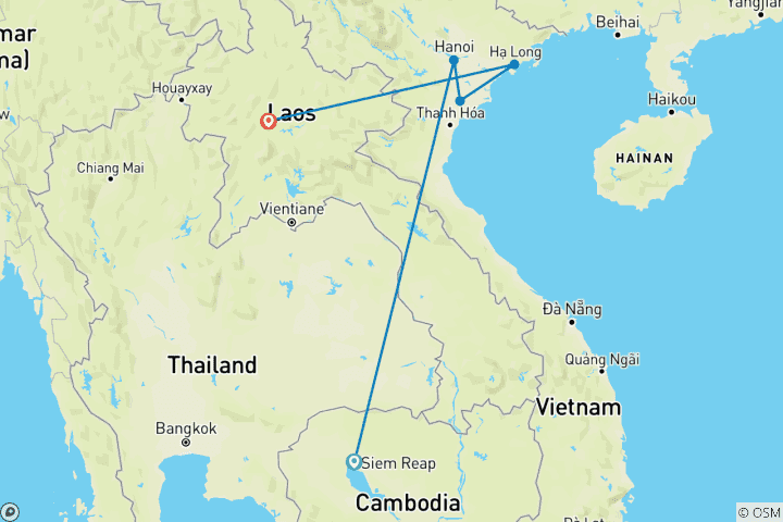 Karte von Goldenes Dreieck von Indochina mit Kambodscha, Vietnam & Laos 10 Tage