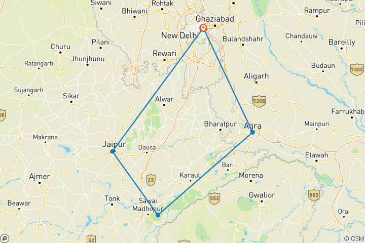 Carte du circuit Voyage privé : 07 jours d'excursion dans le Triangle d'Or avec safari dans la jungle de Ranthambore