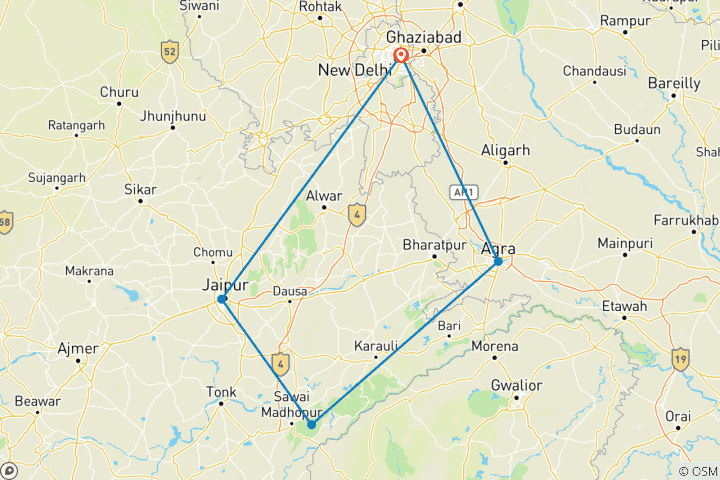 Karte von Goldenes Dreieck mit privater Ranthambore Dschungelsafar - 7 Tage