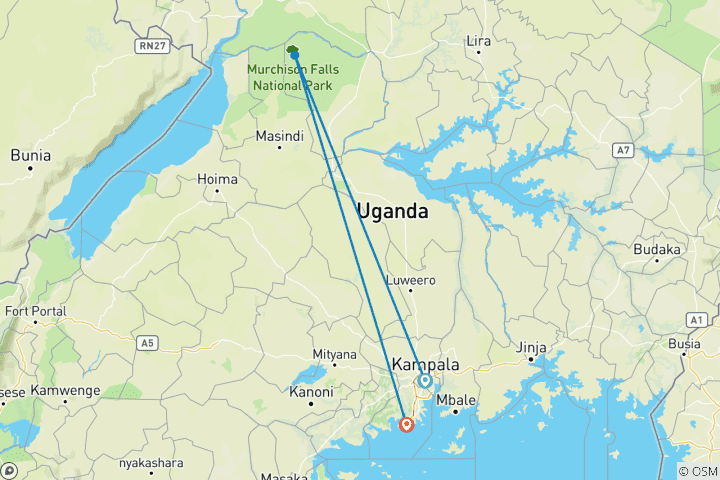 Kaart van 3-daagse Wildlife safari naar Murchison falls Nationaal park