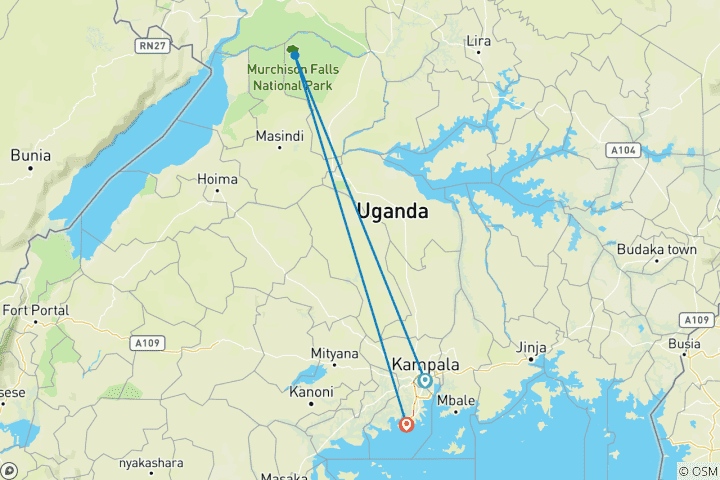 Mapa de Safari de 3 días por el Parque Nacional de las cataratas Murchison