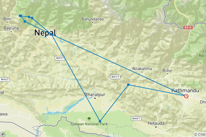 Kaart van Het beste van Nepal rondreis - Kathmandu, Chitwan, Pokhara & Poon Hill trektocht (12 dagen)