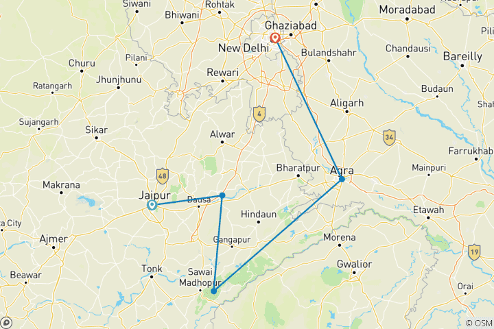 Carte du circuit Safari des tigres et visite d'Agra Taj Mahal commence à Jaipur et se termine à Delhi - 3 jours et 2 nuits