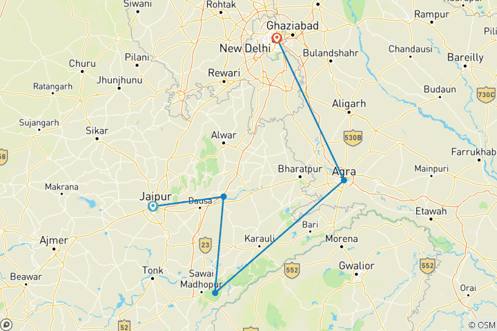 Map of Tiger Safari and Agra Taj Mahal Tour Starts from Jaipur ends in Delhi - 3 Days 2 Nights