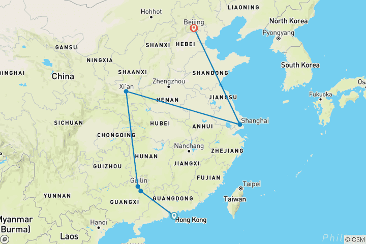 Map of China Holiday 10Days: Hong Kong, Yangshuo,  Shanghai, Xian, and Beijing