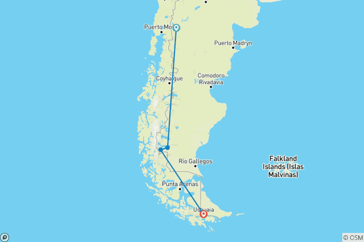 Carte du circuit Argentine : Bariloche, Calafate et Ushuaia ou vice- versa - 7 jours