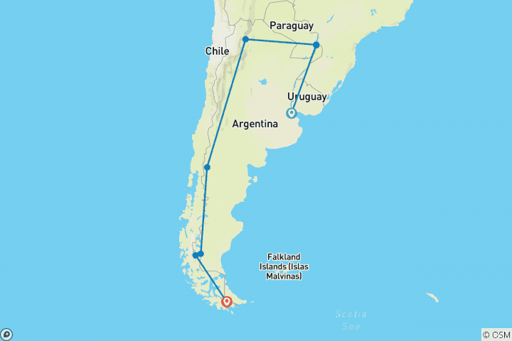 Carte du circuit Buenos Aires - Iguazú - Salta - Bariloche - Calafate & Ushuaia