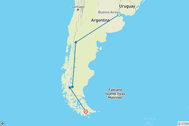 Map of Argentina - Buenos Aires, Bariloche, Calafate & Ushuaia or Viceversa - 9 days