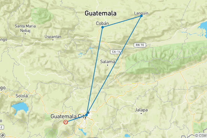 Map of Coban & Semuc Champey Tour 3-day