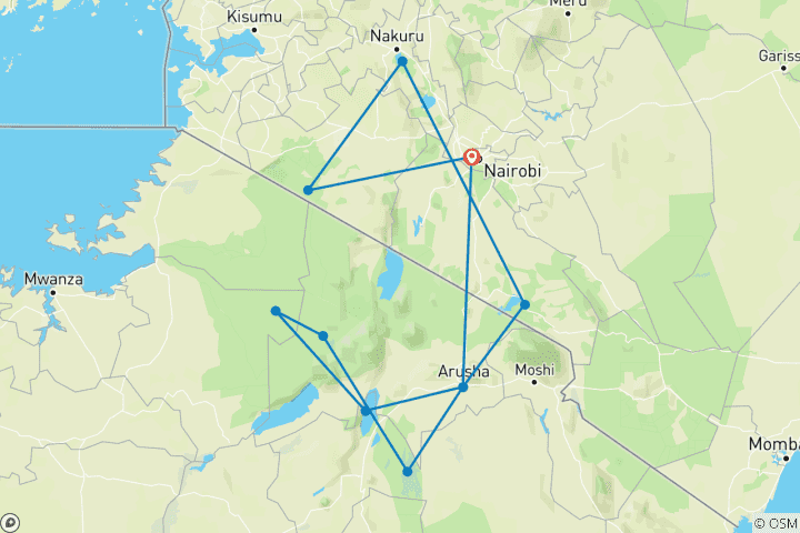 Carte du circuit 13 jours Kenya et Tanzanie Budget Camping Safari 4x4 Jeep