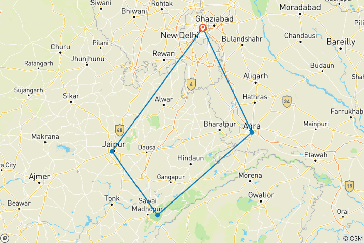 Map of Golden Triangle Tour with Tiger Safari in Ranthambore