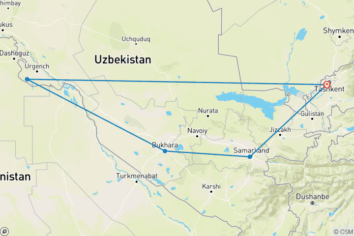 Map of Uzbekistan Cultural Tour (Tashkent to Samarkand, Bukhara and Khiva) boutique hotels option