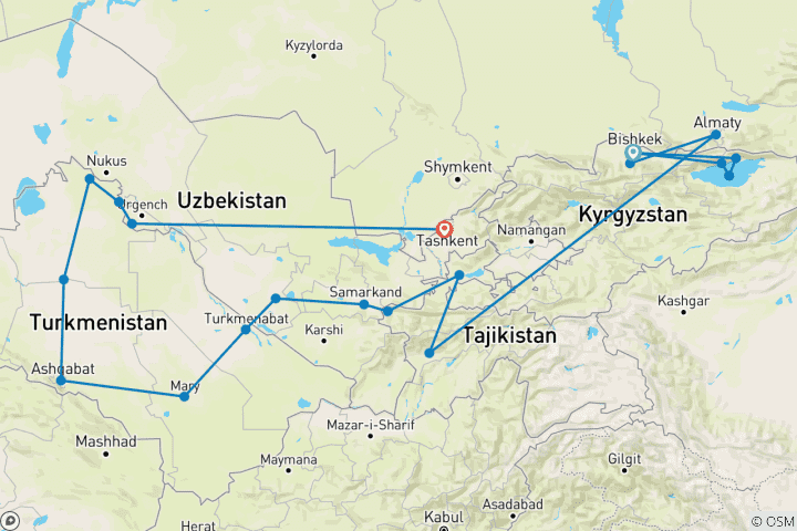 Map of Central Asia Combined Silk Road Tour