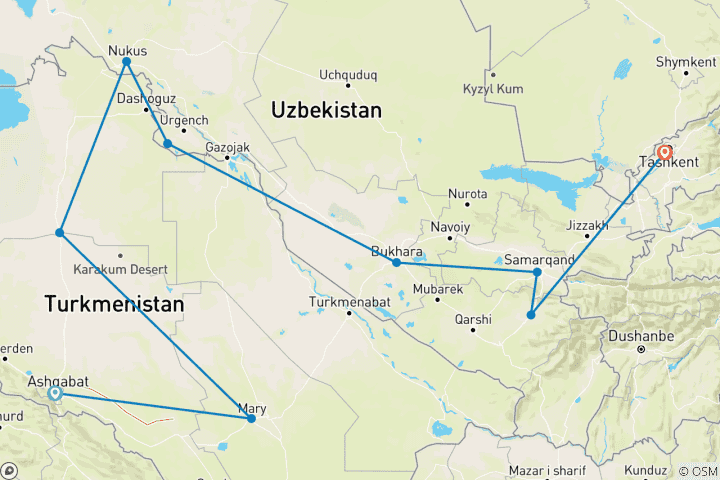 Karte von Turkmenistan und Usbekistan Highlights - 15 Tage