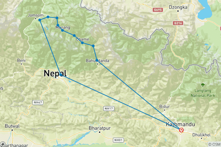 Map of Annapurna Circuit Trek - 14 Days