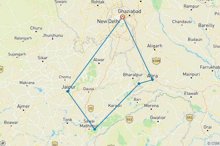 Carte du circuit Aventures à Ranthambore - Safari animalier avec le Triangle d'Or - 7 jours