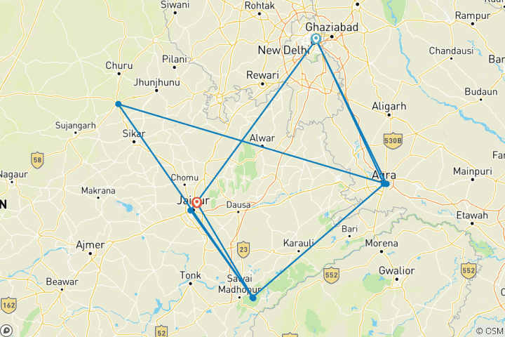 Carte du circuit Aventures à Ranthambore - Safari animalier avec le Triangle d'Or - 7 jours