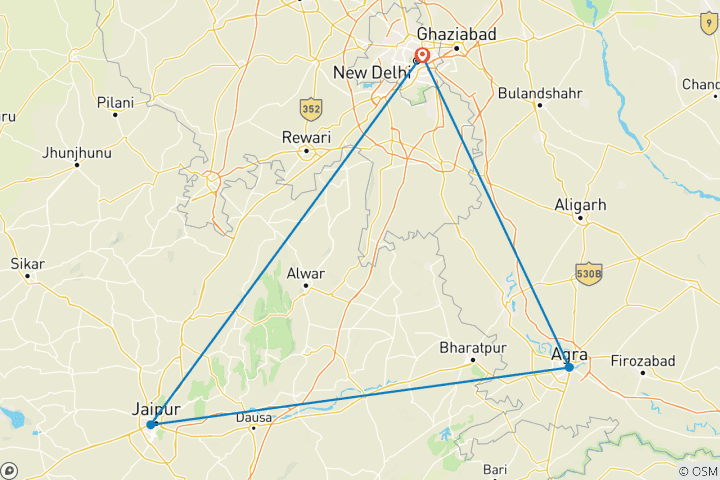 Map of Private 4 Days Golden Triangle Luxury Tour from Delhi