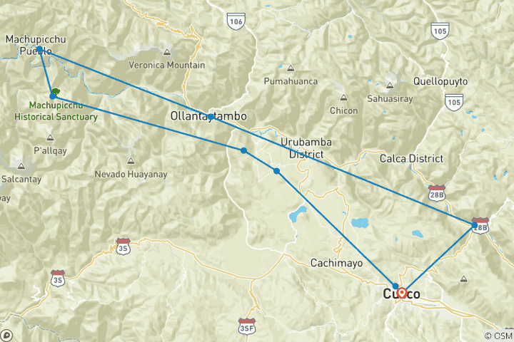 Map of 5 Day Cusco Travel Package: Cusco, Sacred Valley, Machu Picchu, and Maras Moray.