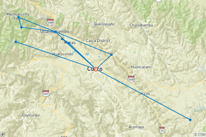 Carte du circuit Forfait de voyage de 7 jours à Cusco : Cusco, Vallée sacrée, Machu Picchu, lac Humantay et montagne Arc- en- ciel.