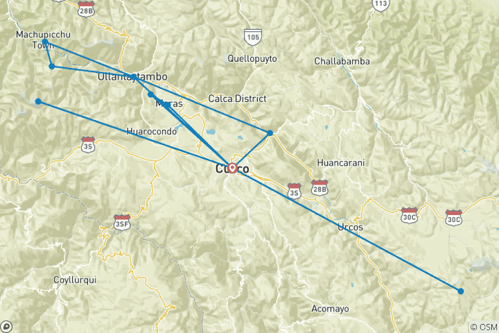 Map of 7 Day Cusco Travel Package: Cusco, Sacred Valley, Machu Picchu, Humantay Lake, and Rainbow Mountain.