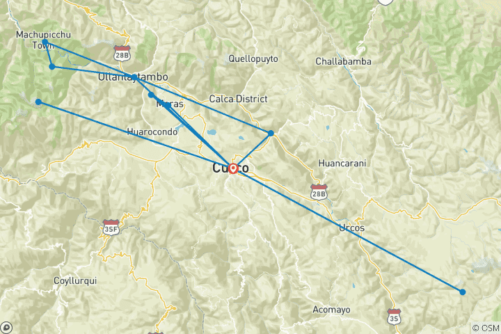 Map of 7 Day Cusco Travel Package: Cusco, Sacred Valley, Machu Picchu, Humantay Lake, and Rainbow Mountain.