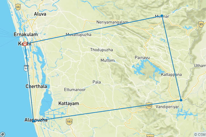 Map of Explore Kerala Backwater Tour 4 Night 5 Days