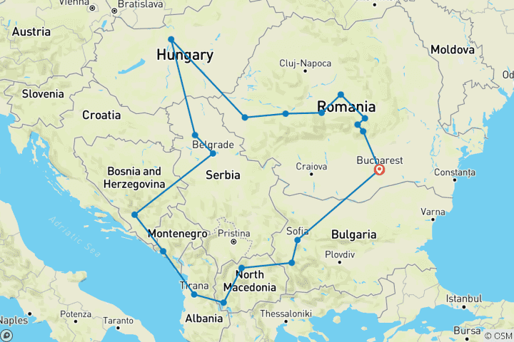 Kaart van 14-daagse rondreis door de Balkan vanuit Boekarest