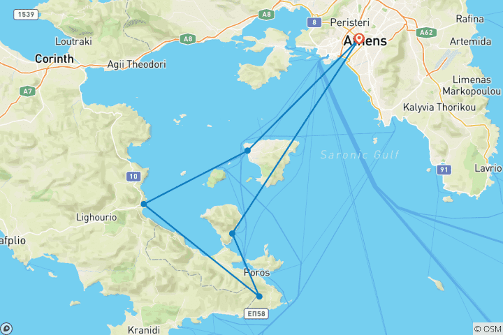 Carte du circuit 1 semaine de voile, yoga et SUP dans les îles Saroniques ou/et Cycladiques