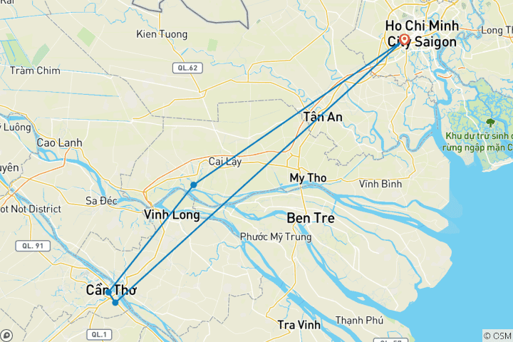 Kaart van Mekong Delta 2 dagen 1 nacht vanuit Ho Chi Minh stad