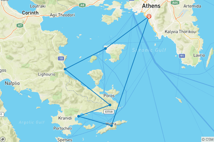 Carte du circuit 6 jours de voile, yoga et SUP dans les îles grecques avec nuits d'hôtel