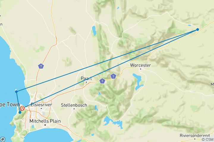 Kaart van Privé-rondreis op de Kaap – stadsrondleiding door Kaapstad, de Tafelberg, Robbeneiland, de Big 5 & pinguïns op het Kaap-schiereiland – 5 dagen