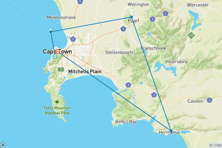 Kaart van Moederstad Kaapstad 5-daagse Tour.Tafelberg Auto & Nelson Mandela Uitje & Krokodillenkooi & Haaienkooi Duiken & Kaapse Pinguïn