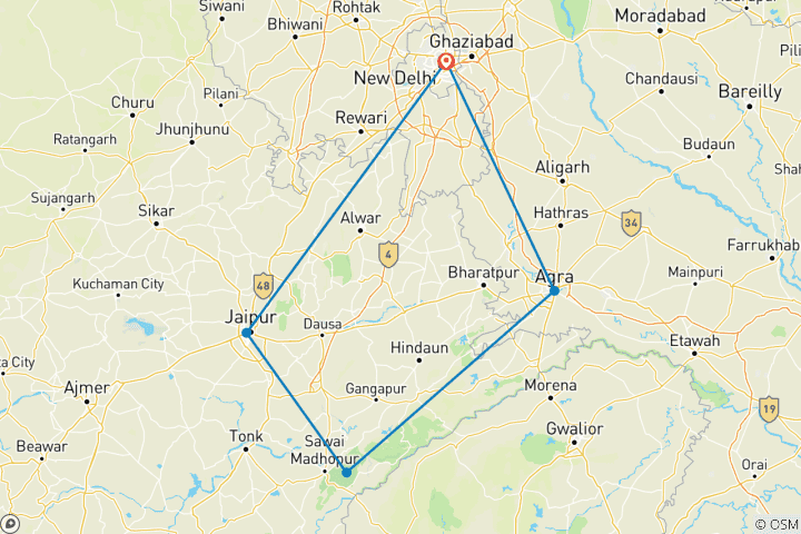 Carte du circuit Triangle d'or avec les tigres de Ranthambore - Delhi Agra Jaipur Ranthambore Tour