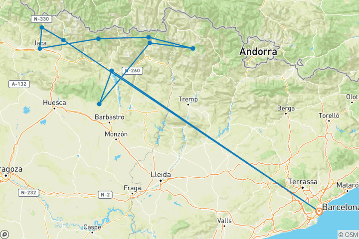Map of Hiking Tour in Spanish Pyrenees 10 days