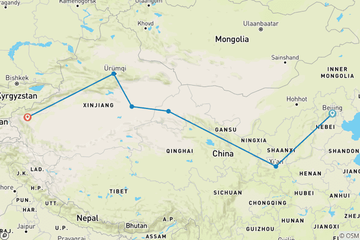 Carte du circuit Le meilleur de la Route de la Soie en 10 jours : Pékin, Xian, Dunhuang, Turpan, Urumqi et Kashgar