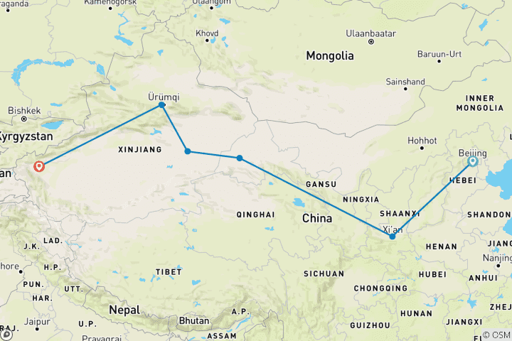 Map of Best of Silk Road 10Days: Beijing, Xian, Dunhuang, Turpan, Urumqi and Kashgar