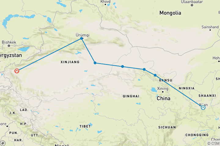 Map of China Silk Road 10 Days: Xian, Zhangye, Jiayuguan, Dunhuang, Turpan, Urumqi, Kashgar