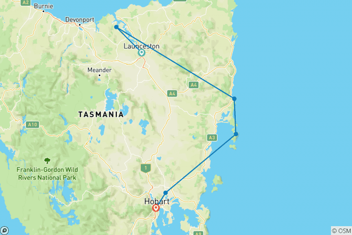 Map of Eastern Tasmania Getaway Launceston to Hobart (2023)