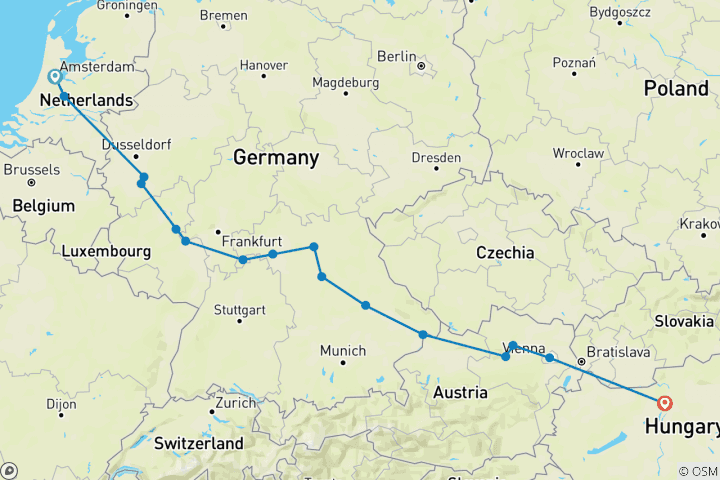 Karte von Europäische Edelsteine von Amsterdam nach Budapest (2024)