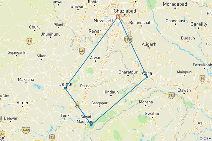 Map of Golden Triangle Tour with Ranthambore(Tigers and Taj Mahal Sunrise/Sunset) - 8 Days