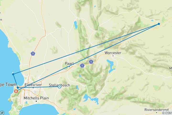 Kaart van Kaapstad, 5 dagen. Wijnproeverij & Cape Peninsula & Robbeneilanden & Big Five Tour & Tafelberg Auto